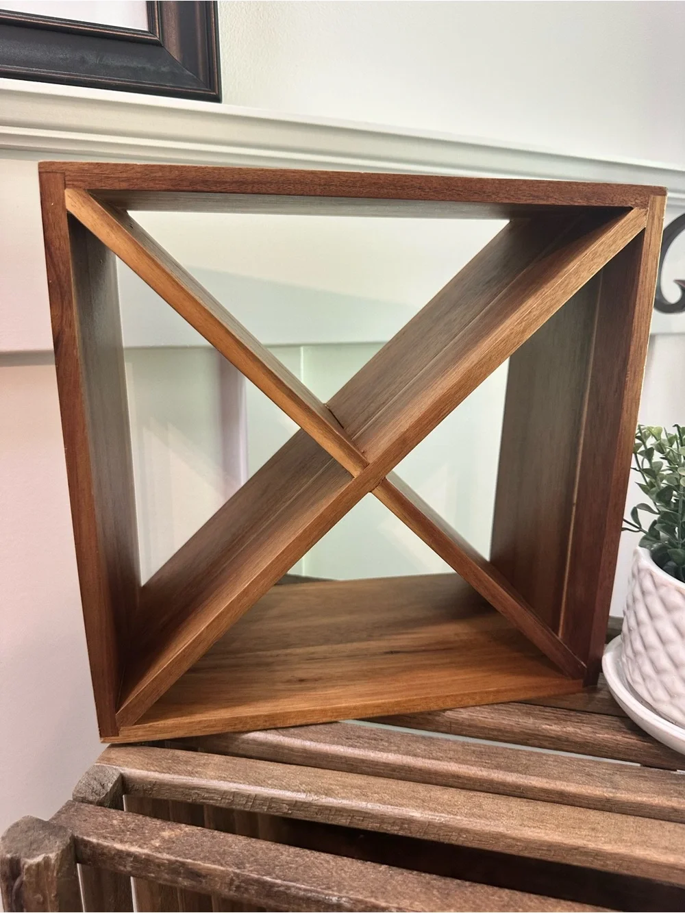 Threshold Acacia Wood 4 Bottle Wine Rack Box or Towel Holder 11” X 11” X 5.5”